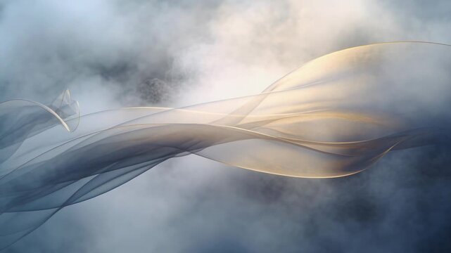 Delicate translucent blue and gold fabric gently waving and floating on a smoky background