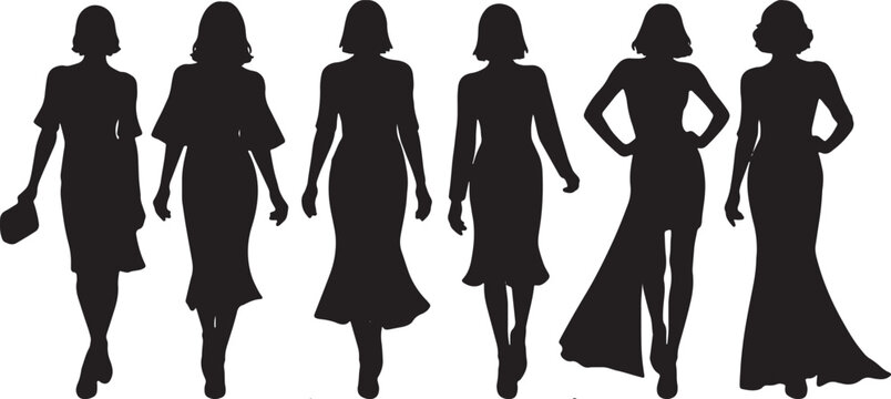 Fashion woman silhouettes set with various elegant dresses and model poses