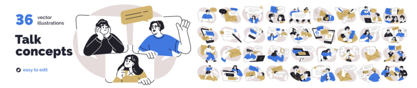 Communication and talk concepts, icons set. People texting, sending messages and emails. Digital chat, conversation, discussion on internet. Flat vector illustrations isolated on white background