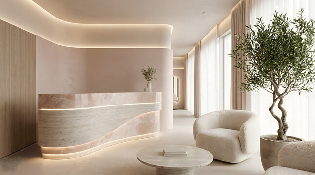 Luxury modern interior of a reception area or wellness spa lobby. Minimalist design featuring a curved marble desk with integrated lighting, boucl&eacute; armchair, and indoor olive tree. Digital rendering.