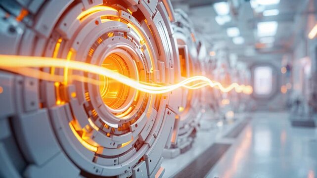Luminous orange energy beam traveling through a futuristic engine room with complex machinery