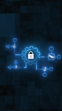 Neon flowchart with locked gear and icons on dark background. Neon flowchart locked gear security. Neon flowchart secure system network.