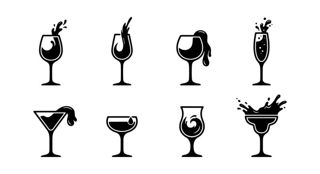 Diverse Cocktail Glasses Collection, 8 Vector Icons with Splashes, Barware Set for Beverage Design