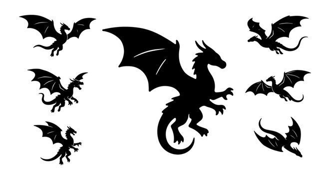 Mystical Dragon Silhouettes, Fantasy Creature Vector Icons, Mythical Beast Graphics, Dark Winged Legend Art