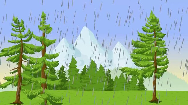 Peaceful cartoon mountain wilderness scene featuring falling rain and evergreen trees in a stylized flat vector illustration style.