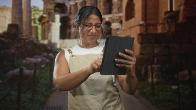 Woman in apron and glasses tapping a tablet screen and pumping her fist in a historic building ruins while smiling and inspecting the device; curiosity joy.