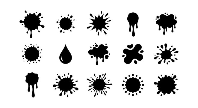 Black Ink Splatter Vector Icons, Paint Drips, Blot Shapes, Liquid Drops Set