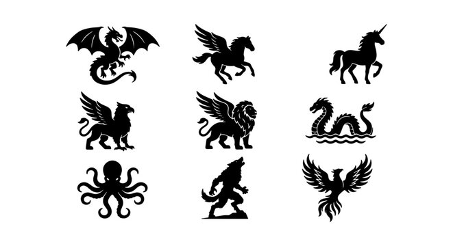 a collection of nine black silhouettes including dragons unicorns griffins and mythical creatures on a white background