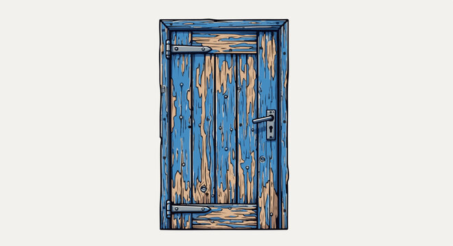 Weathered, peeling blue wooden door with metal hinges and handle