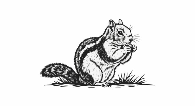 A black and white drawing of a chipmunk eating on a white background