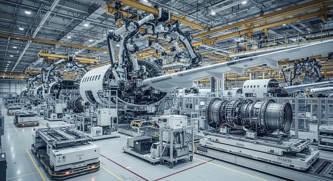 Industrial robot arms assembling aircraft engine in factory