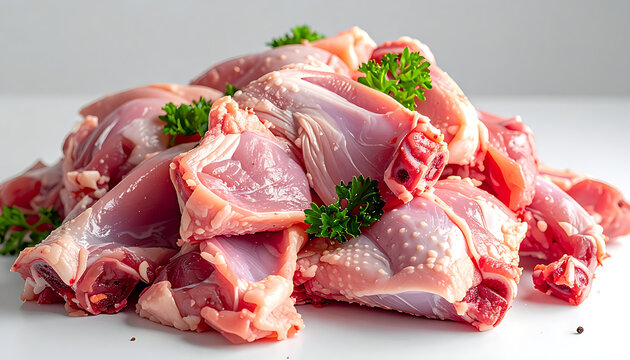 Pile of raw chicken pieces, thigh and leg cuts, seasoned with herbs and spices, ready for cooking on a clean surface
