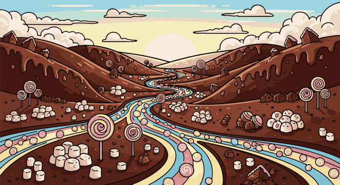 Whimsical pixel landscape with chocolate hills, lollipop trees, and candy river