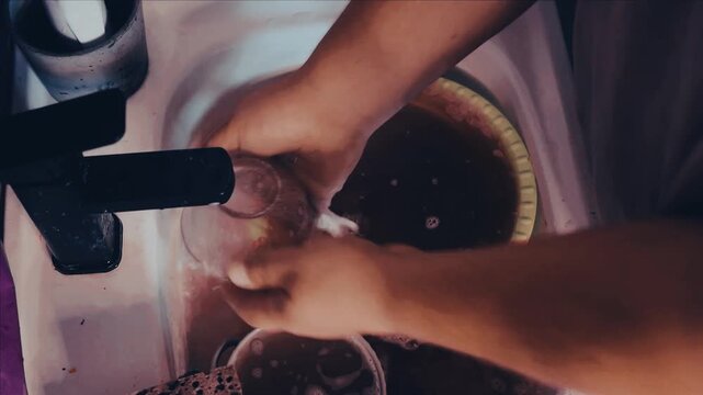 Man washes dishes in a kitchen sink with a sponge and liquid soap under running water