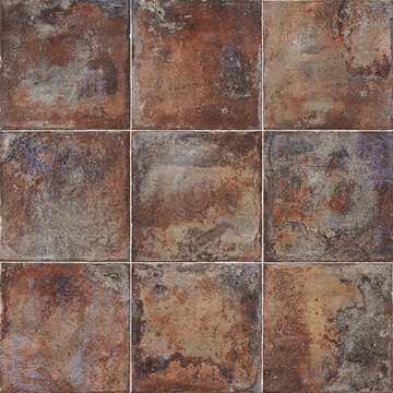 3x3 Grid of Heavily Weathered Rusty Metal Tiles with Industrial Patina and Distressed Surface - Abstract Corroded Steel and Iron Background Texture