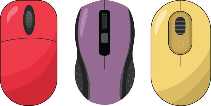 Computer Mouse Set Vector Illustration Collection of Wired and Wireless Mice in Different Styles and Colors Isolated on White Background