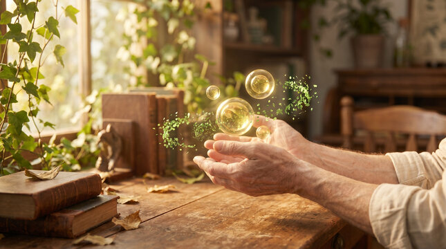 Magical hands creating glowing spheres among plants and books  