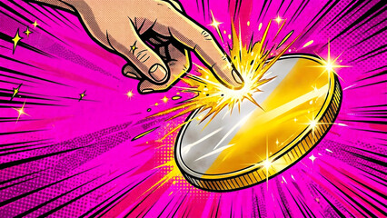 Obraz premium A hand is touching a shiny coin with a bright light on a pink background with lines.
