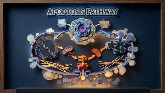 The apoptosis pathway illustration depicts cellular process with organelles and molecular structures in a framed display.