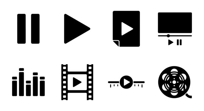play/pause forward backward video play filmstrip volume bars audio equalizer search refresh settings gear