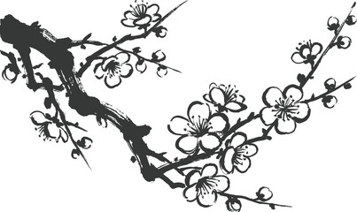 Fototapeta premium Black and white ink drawing of a blooming cherry blossom branch Vector Founding Day China
