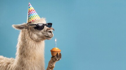 Fototapeta premium Llama wearing sunglasses and party hat holds cupcake with candle