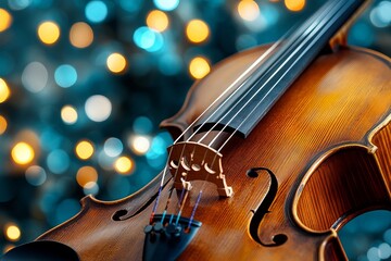 Fototapeta premium Elegant Stringed Instrument Centerpiece with Bokeh Lights Creating a Magical Musical Atmosphere