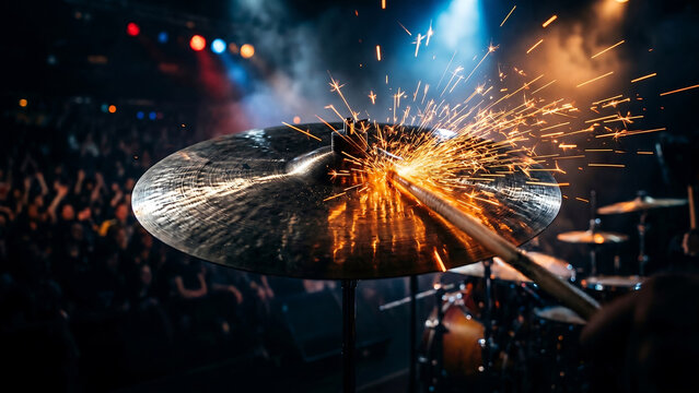 A drummer strikes a cymbal with a drumstick producing sparks in a dark concert venue with a crowd.