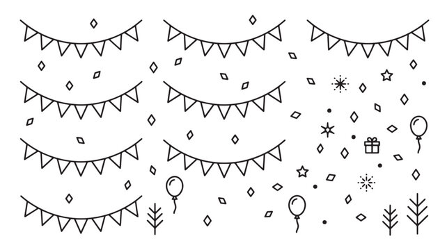 Bunting banner with hand-drawn triangle pennants, confetti dots and festival icons for party invitation backgrounds