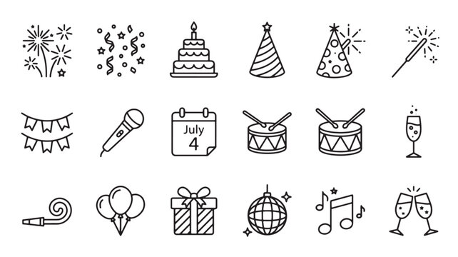 Party celebration line icons set with cake, champagne, drums, hats, confetti, fireworks and music for joyful holiday graphics