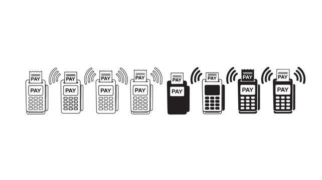 Credit card reader icon set with contactless payment signals and POS terminal silhouettes for retail checkout