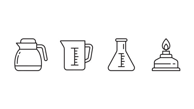 Laboratory equipment set with coffee pot, measuring cup, flask, and burner featuring chemistry, science, experiment with icons and line art elements