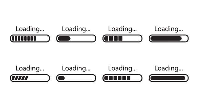 Loading bars set with different progress levels and styles featuring animation, icons, ui with ux and design elements for interface, buffering