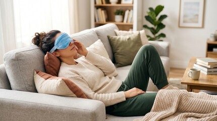 Obraz premium Young woman relaxing with eye mask on couch in cozy living room 