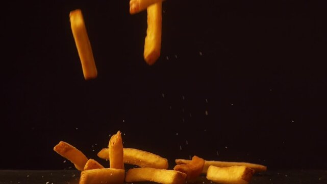 Crispy golden french fries falling in slow motion against a dark black background with dramatic lighting and visible steam particles