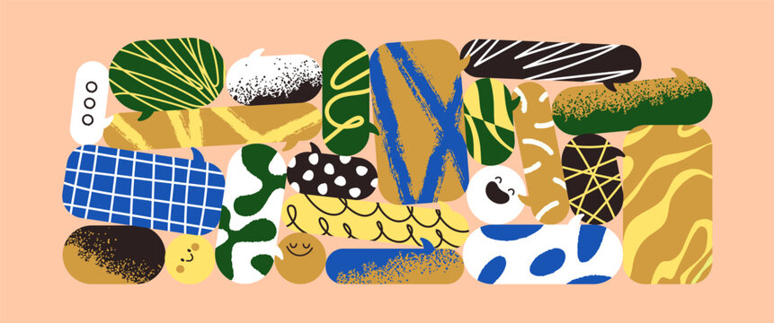 Abstract communication, conversation concept. Text speech bubbles group, social media chat. Playful dialogue, voices, ideas and thoughts with scribble doodle patterns. Colored flat vector illustration