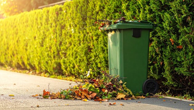 A green urban recycling bin stands on a clean street for plastic waste disposal and litter control to protect the environment
