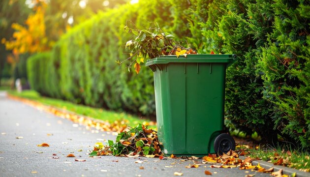 A green urban recycling bin stands on a clean street for plastic waste disposal and litter control to protect the environment