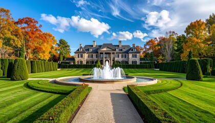 Fototapeta premium An old European cathedral with historic architecture stands tall against a clear sky in an urban city park surrounded by autumn trees and a lush garden near a landmark palace downtown