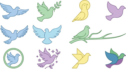 Fototapeta premium Dove Bird Vector Set with Flying Peace Pigeon Icons Olive Branch Symbols Flat Style