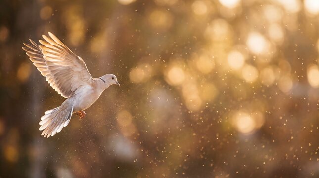 White dove flying with outstretched wings in golden light
