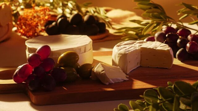 Hand picking up a piece of camembert cheese from a rustic wooden board with red grapes green olives fresh herbs and a second whole camembert in warm golden light