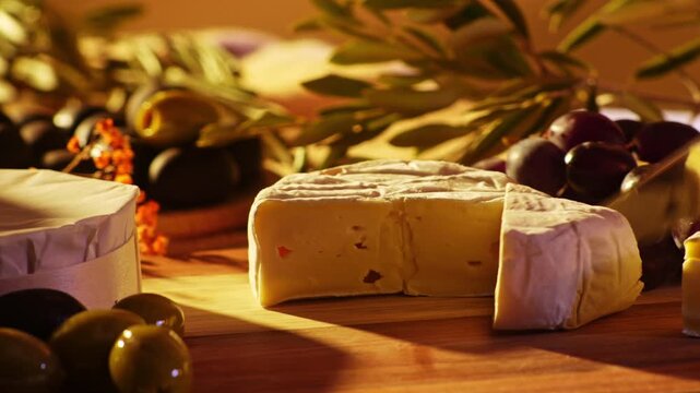 Hand slicing and picking up a piece of camembert cheese with a knife on a rustic wooden board surrounded by black olives grapes and olive branches in warm golden light