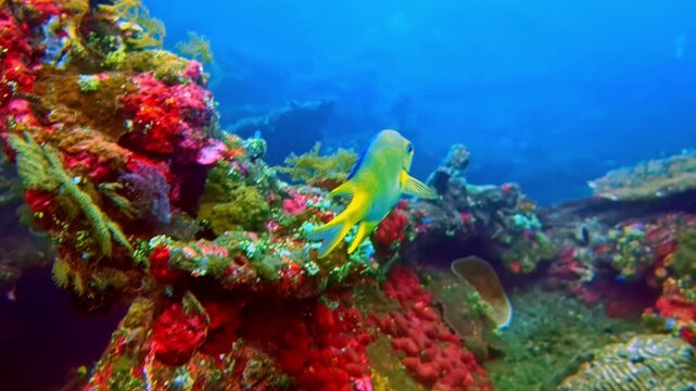 A vivid green-and-yellow moon wrasse glides past a richly colorful red soft coral and sponge reef wall. Indonesia, USAT Liberty Wreck