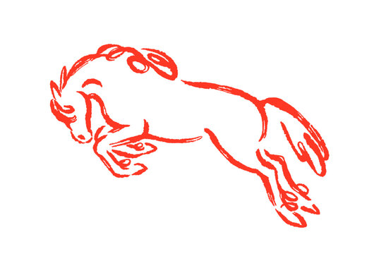 Horse jumping, contour drawing, brush line. Equine animal in motion, leap, doodle sketch scribble style. Hand-drawn chalk stallion in dynamic movement. Vector illustration isolated on white background