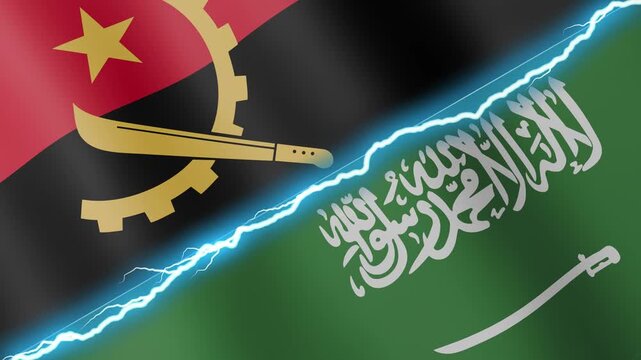 Two waving flags Angola and Saudi Arabia with diagonal lightning seamless, 4k loop