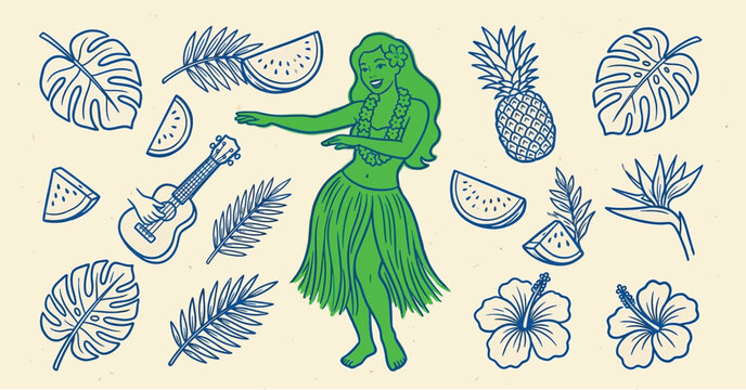 Hula girl tropical doodle elements hand drawn vector illustration