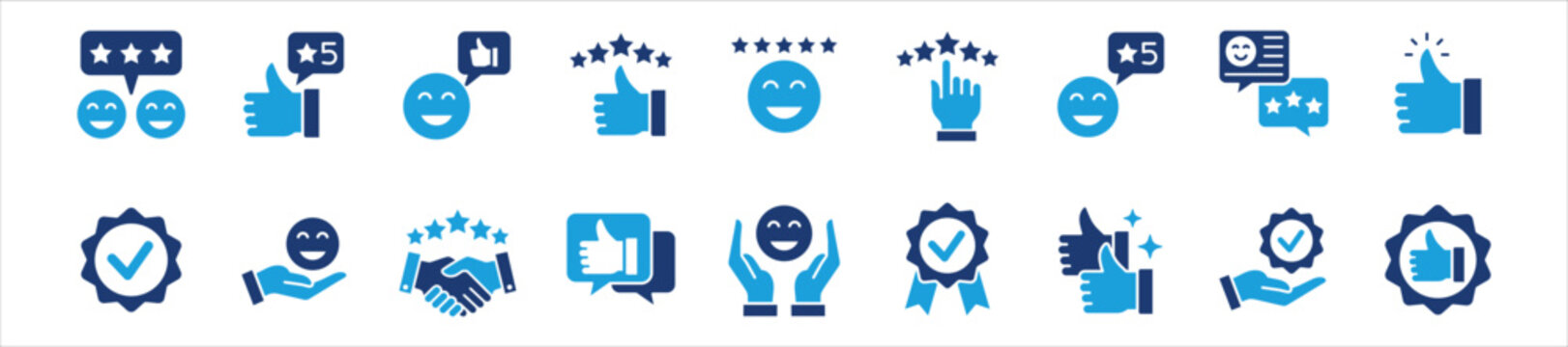Positive Feedback, good review and stars rating icon set. Featuring icon symbol : happy customer, 5 stars rating, check mark badge, satisfaction, giving review, two thumb up, experience, approval.