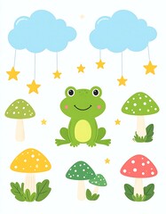 Obraz premium Frog sitting among colorful mushrooms and clouds.