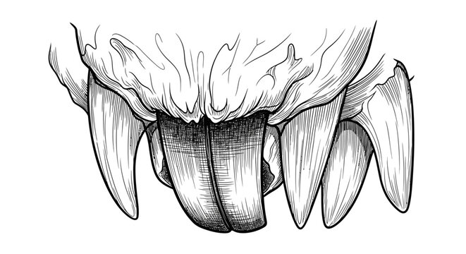 Detailed menacing animal teeth illustration with sharp fangs and incisors, predator mouth, monster jaws, black and white drawing, sketch style